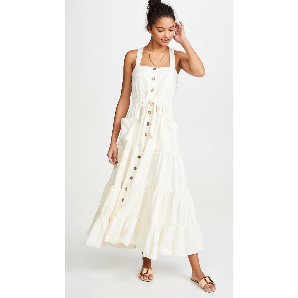 Free People Catch the Breeze Cottagecore Prarie Tiered Linen Midi Dress